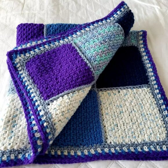 Crochet BABY BLANKET AFGHAN Granny Squares 30" x 30" Blue Purple White Navy Gift - Picture 1 of 12